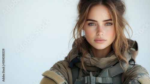 young woman clad in military gear stands confidently against a stark white background arms crossed exuding strength and determination