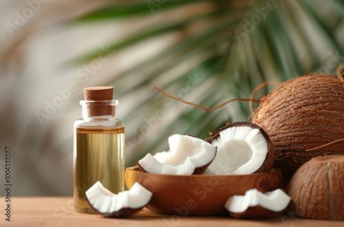 Coconut Oil, Milk, and Shell on Wooden Board