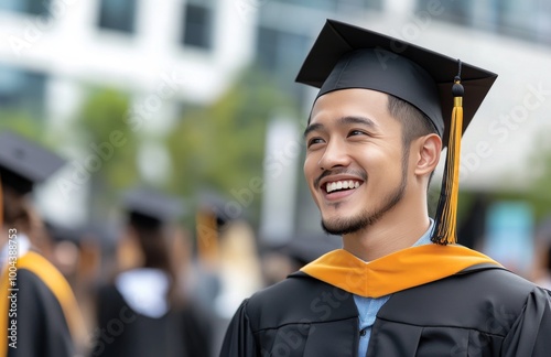 Graduation ceremony with a smiling student in a cap and gown outdoors