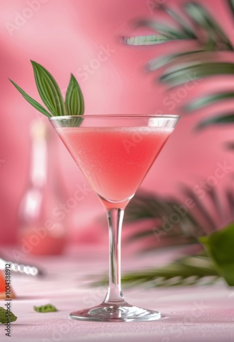 Pink Cocktail With Tropical Leaf on a Pink Background