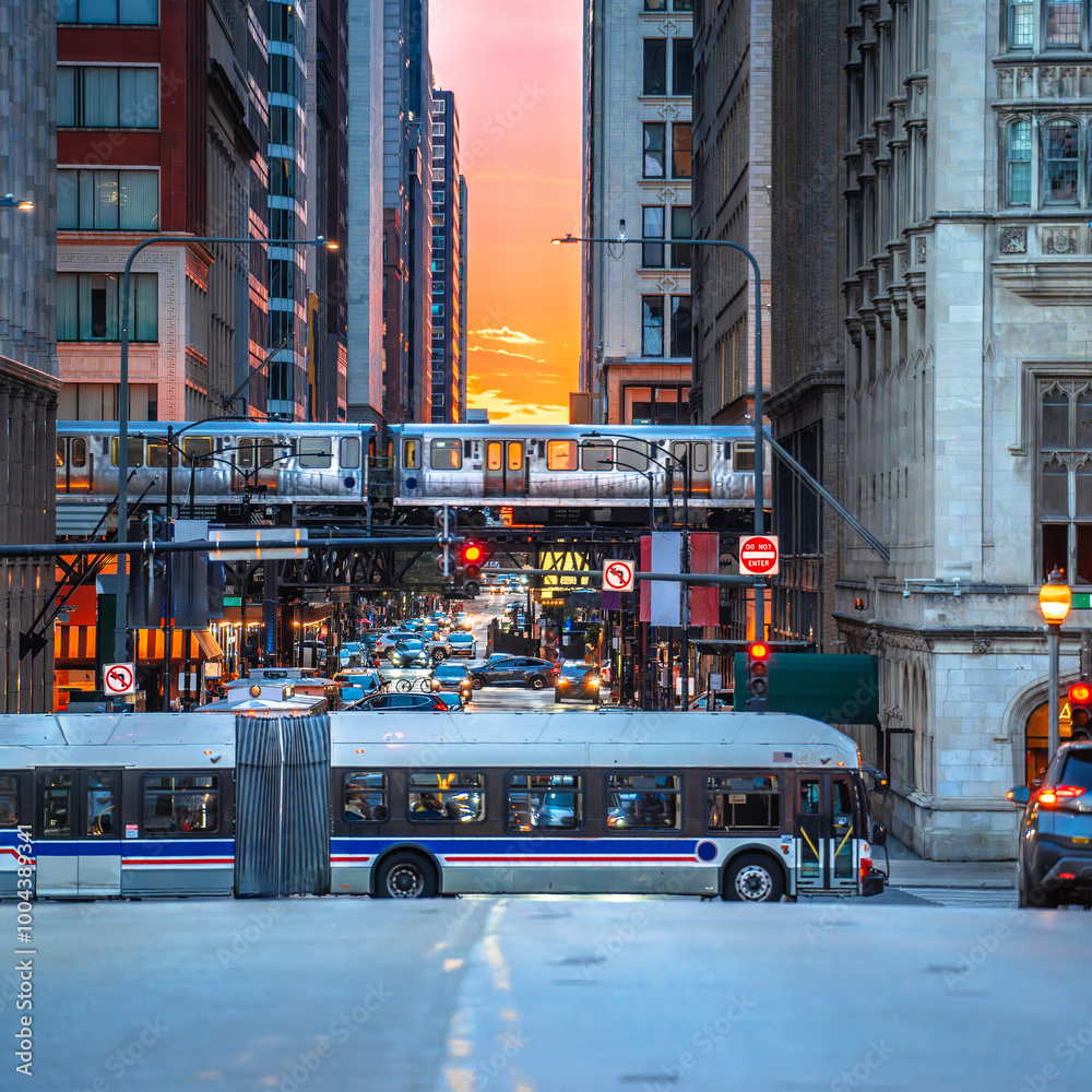 Chicago street rush sunset view