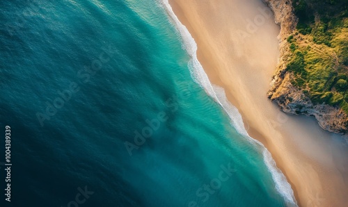 Serene coastline with turquoise waters and sandy beach at sunrise