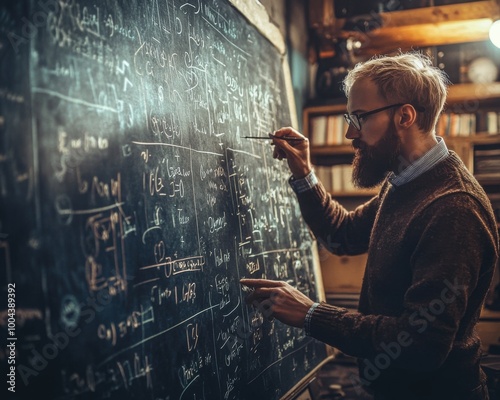 A mathematician writes complex interrelated equations on the board, trying to find a solution to a complex problem