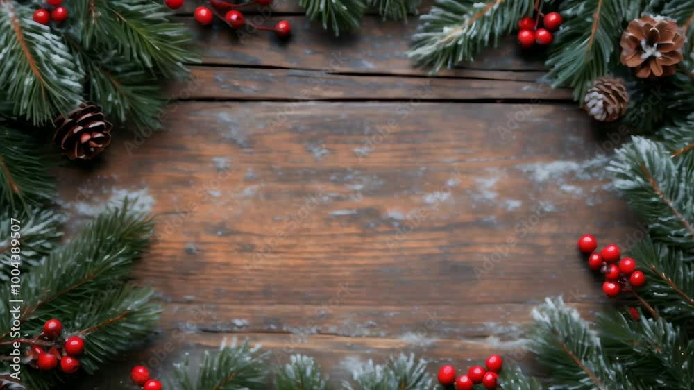 Christmas tree branches adorned with red berries and pine cones against a snowy wooden background, perfect for holiday cards or decorations Christmas tree branches adorned with red berries and pine cones against a snowy wooden background, perfect for holiday cards or decorations