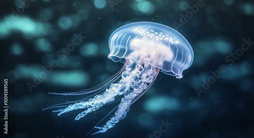 A colorful jellyfish floating gracefully in the deep sea during twilight hours