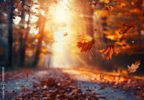 Autumn Leaves Falling in a Sunlit Forest Path During Early Evening