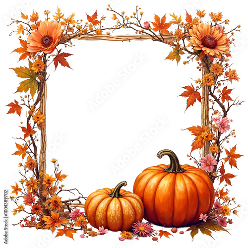 Banner with frame of realistic pumpkins with textured skin surrounded by seasonal vegetables, branches, leaves isolated on transparent background. Inspiration for a Halloween thanksgiving party center photo