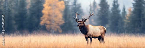 Elk standing in a golden meadow with trees in the background during autumn