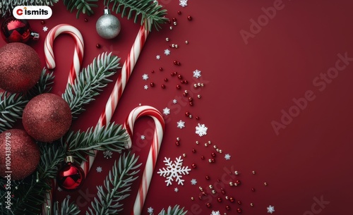 Festive Christmas Decorations With Ornaments, Candy Canes, and Pine on Red Ba...
