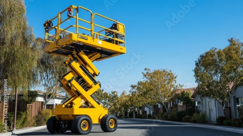Yellow Scissor Lift on a Residential Street