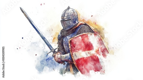 Medieval knight in armor wielding a sword and shield with a vibrant watercolor background illustrating bravery and strength photo