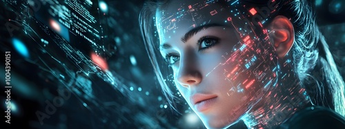 A futuristic digital interface displaying various data and information, with an AI avatar of the most beautiful woman in the style of cyberpunk style looking at you from behind it.