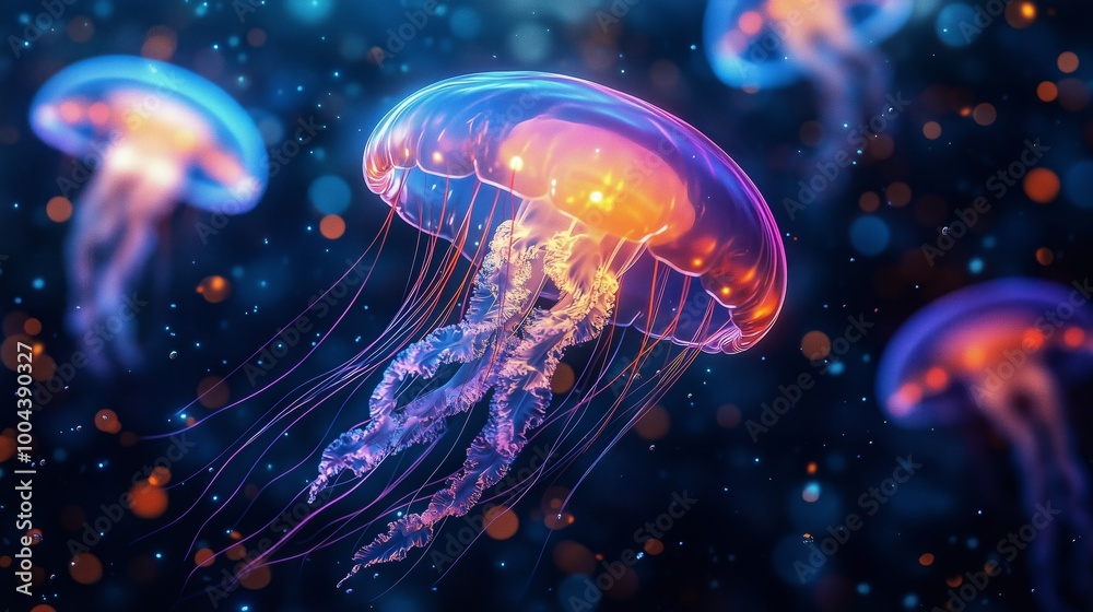 Glowing jellyfish in the dark blue sea, with glowing colorful light effects in the background Glowing jellyfish in the dark blue sea, with glowing colorful light effects in the background