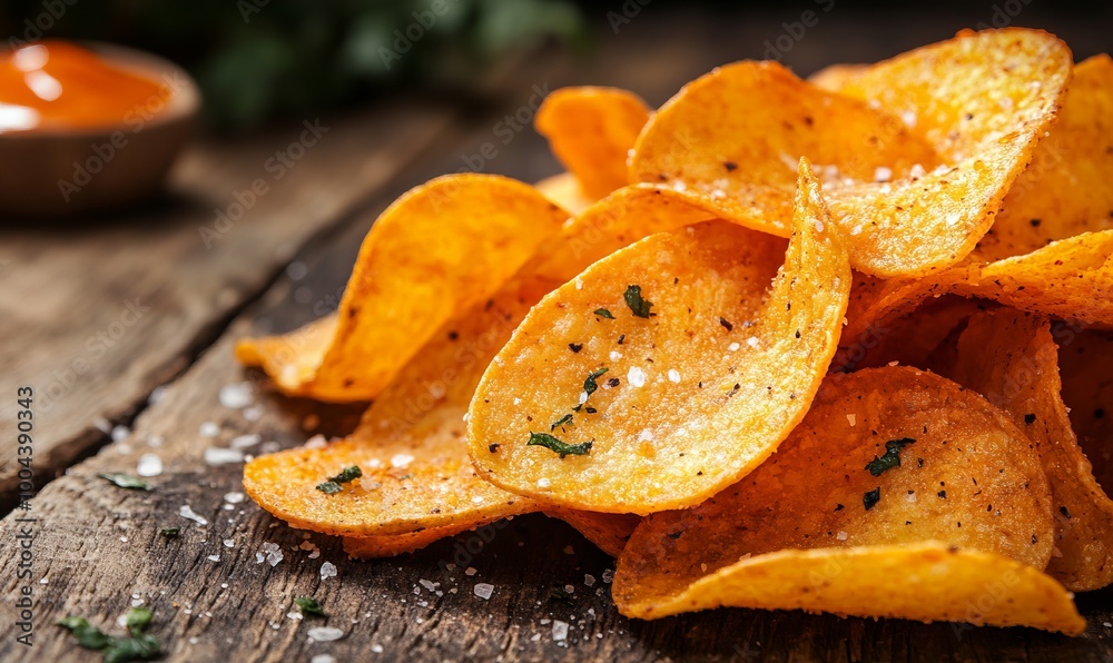 Savory Potato Chips with Salt and Spices on Wooden Table, AI generated illustration Savory Potato Chips with Salt and Spices on Wooden Table, AI generated illustration