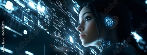A futuristic digital interface displaying various data and information, with an AI avatar of the most beautiful woman in the style of cyberpunk style looking at you from behind it.