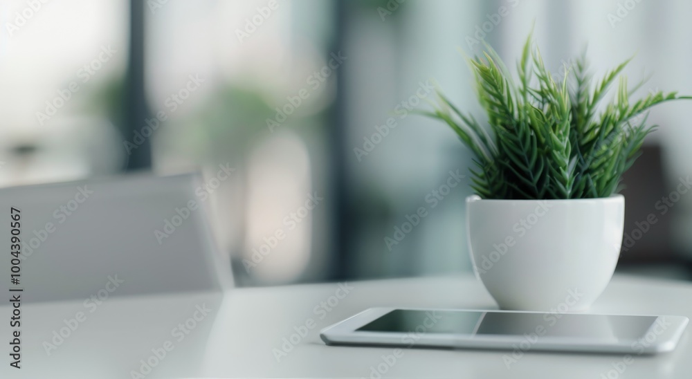 Modern Workspace With Tablet and Potted Plant in Bright Office Environment Modern Workspace With Tablet and Potted Plant in Bright Office Environment