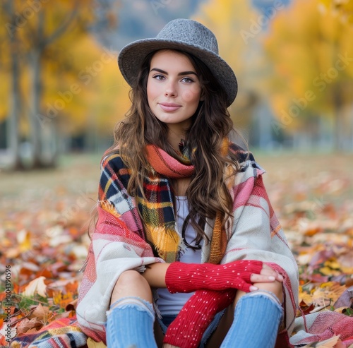 Young Woman Enjoying Autumn Outdoors in a Colorful Sweater and Hat