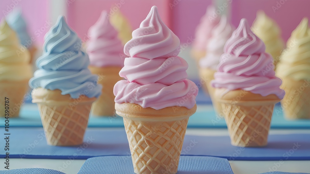 A pink ice cream cone stands out among other colorful cones, ready for a sweet treat. A pink ice cream cone stands out among other colorful cones, ready for a sweet treat.