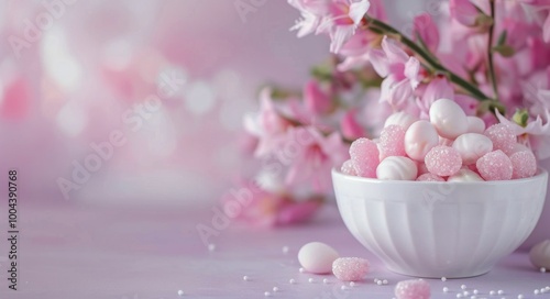 Pastel Candy Bowl Surrounded by Cherry Blossoms in Springtime