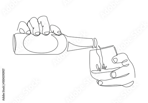 Continuous single line sketch drawing of hand pouring champagne wine liquor from bottle to glass one line art vector illustration