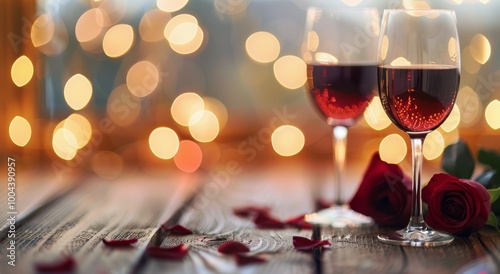 Romantic Evening With Red Wine and Rose Petals at Night