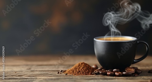 Freshly Brewed Coffee in a Black Cup With Steam Rising on Rustic Wooden Table
