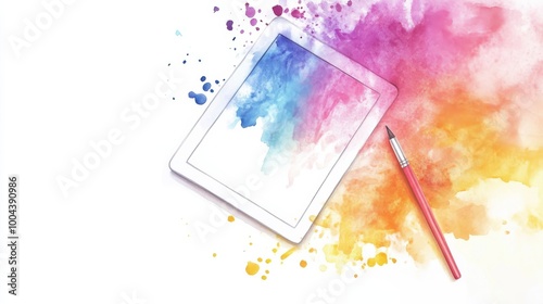 A colorful splash of watercolor background with a tablet and stylus on a bright workspace table photo