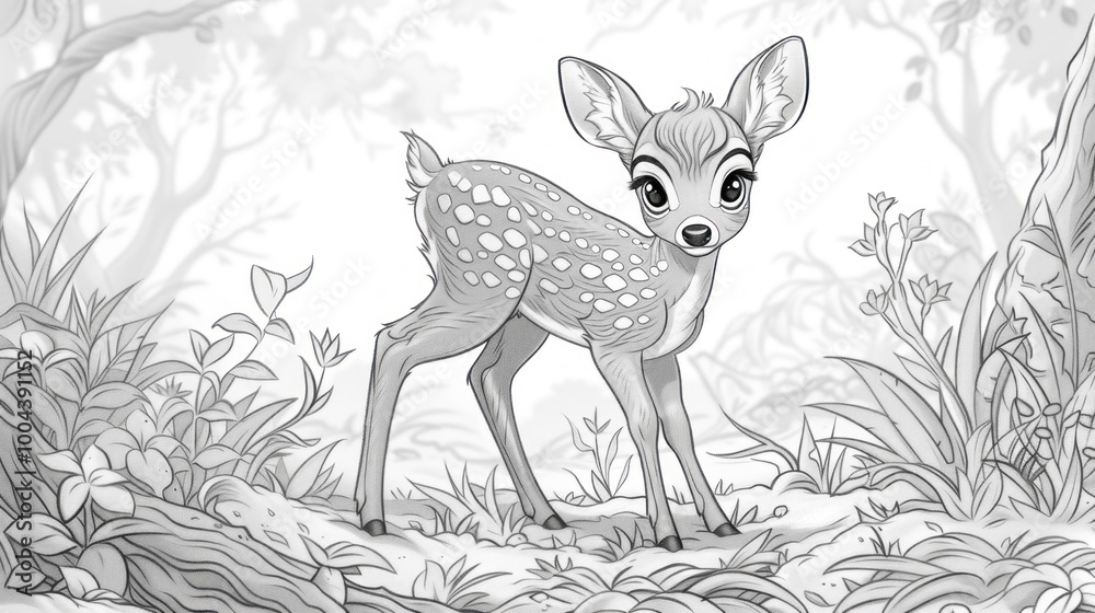 Cute fawn in forest wildlife nature outline contour drawing illustration for coloring book page. Baby character sketch, deer animal line art. Cute fawn in forest wildlife nature outline contour drawing illustration for coloring book page. Baby character sketch, deer animal line art.