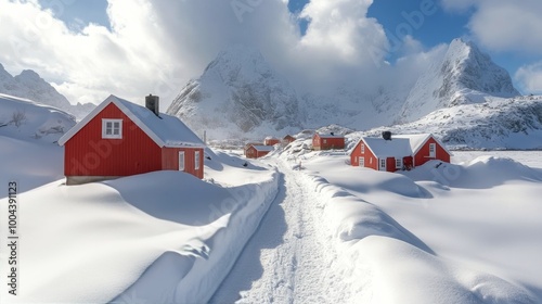 Snow-covered red houses in a serene winter landscape with mountains under a c...