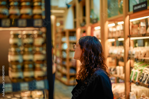 Woman in glasses browsing products on shelves inside a cozy retail store.