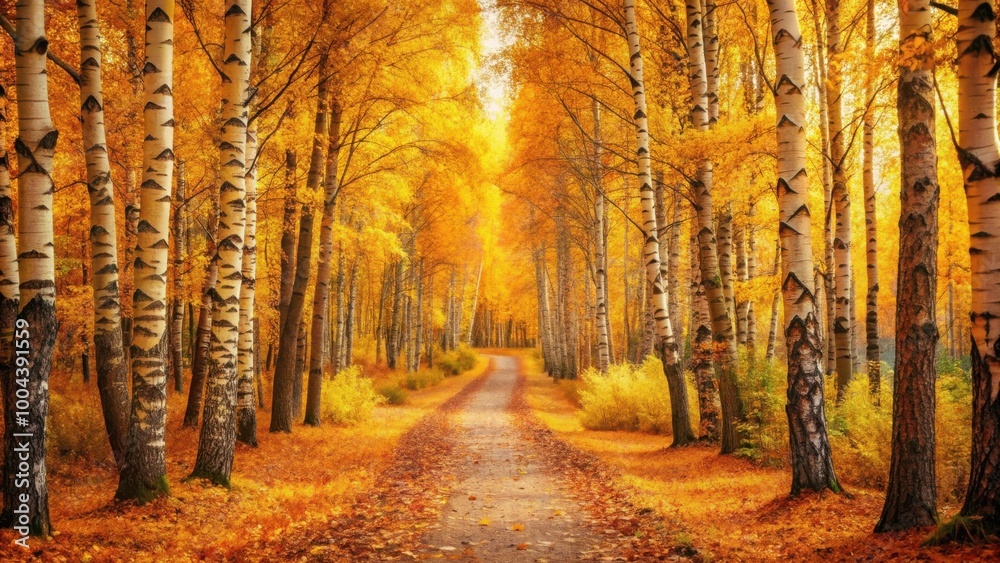 Fototapeta premium Golden Autumn Path Through Enchanting Birch Forest Surrounded by Vibrant Foliage