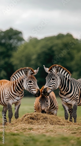 Several zebras are gathered around, feeding on hay from a wooden bowl, while lush greenery and rocks provide a natural backdrop in the zoo