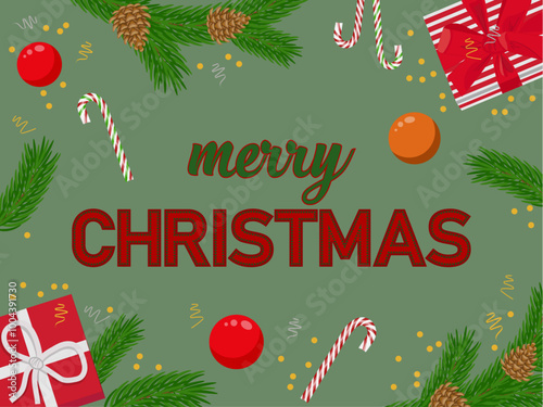 Christmas greeting card. Green fir branches with cones and Christmas tree toys balls. Bright New Year background. Candy cane with stripes and serpentine. Vector. Red gift box, bow on green background.