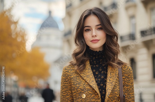Young woman in vintage-style attire walking on a city street during autumn