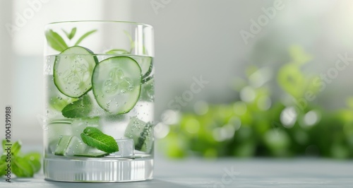 Refreshing Cucumber Mint Beverage With Ice in Glass on Modern Kitchen Counter