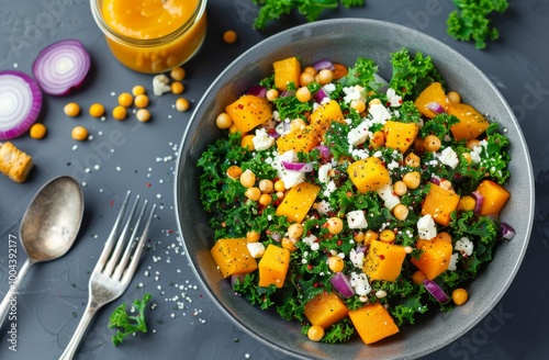 Fresh Kale Salad With Butternut Squash and Feta on Dark Surface