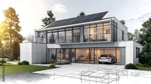 A technical drawing of an eco-friendly house with solar panels on the roof, a garage, and a car