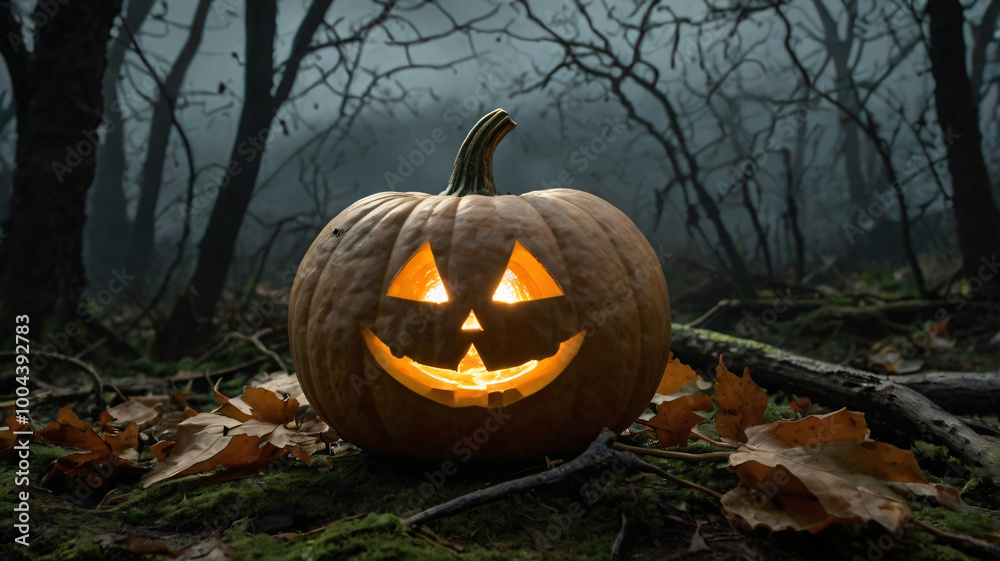 A carved pumpkin candle flickers, casting eerie shadows on cracked stone. Its rough skin and melted wax drip around crisp, scattered leaves.