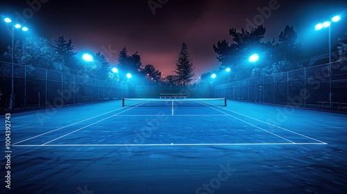 Empty tennis court under evening lights, with a blue surface and net on an outdoor playground field, perfect for recreation and sport.