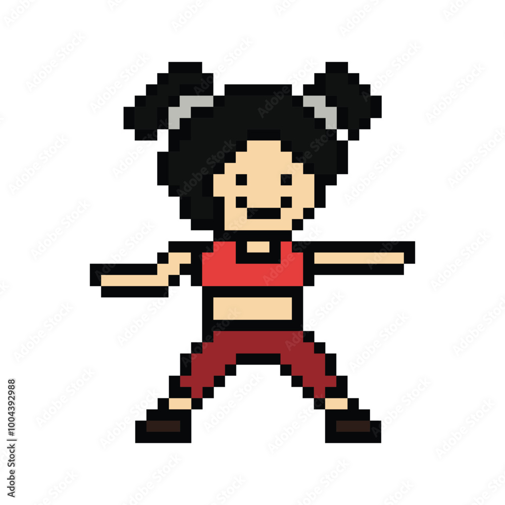 Fototapeta premium Cute cartoon pixel character cute woman exercises training dance lifestyle music decoration life style 8 bit female girl dance with music game fitness isolated PNG vector.