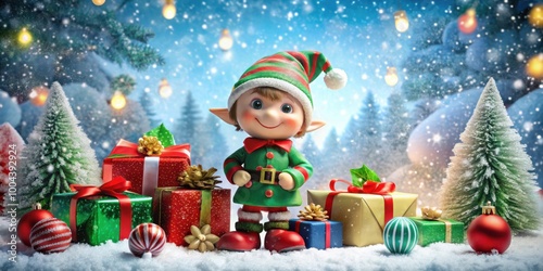 Festive Christmas elf surrounded by gifts, snow, and holiday decorations in winter wonderland