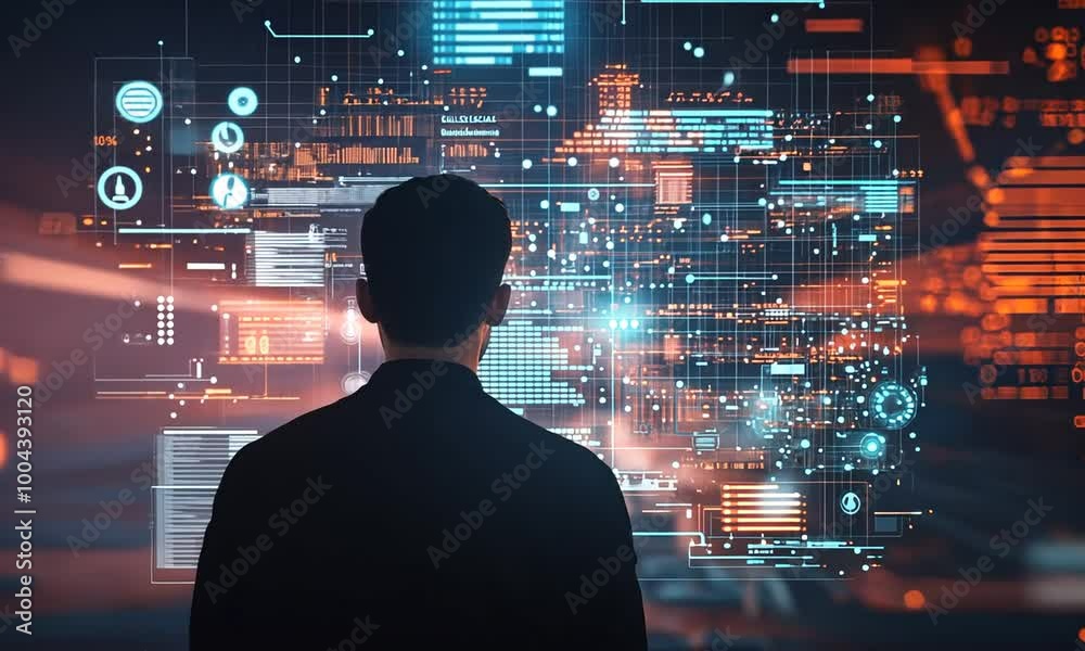 Man facing digital data wall