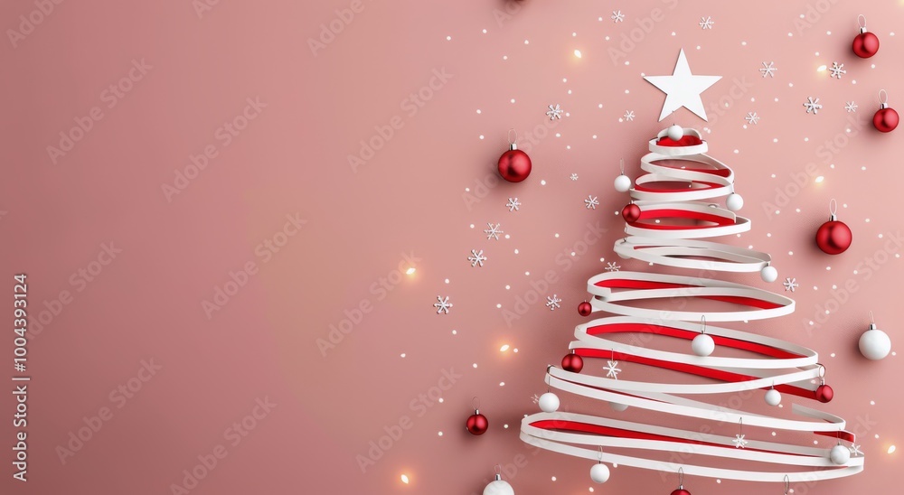 Festive Christmas Tree Decorated With Red and White Ornaments Against a Pink Background Festive Christmas Tree Decorated With Red and White Ornaments Against a Pink Background