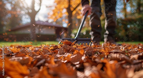Person Raking Fallen Leaves in Autumn