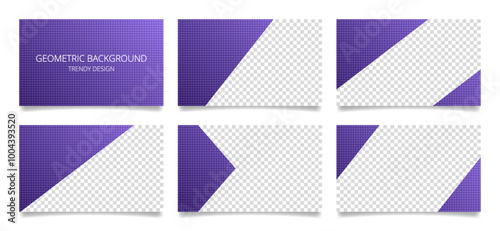 Set of purple presentation slides. Abstract business card templates with transparent space. Background with gridded texture, trendy geometric pattern	