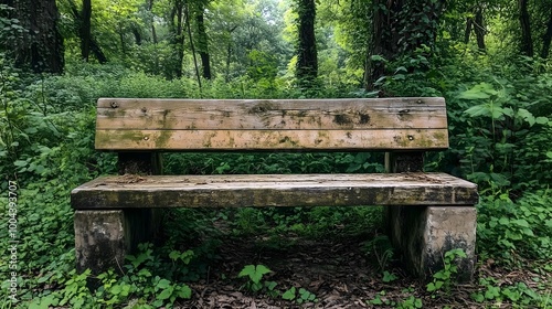 weathered wooden bench located in a small clearing in a dense, overgrown forest.