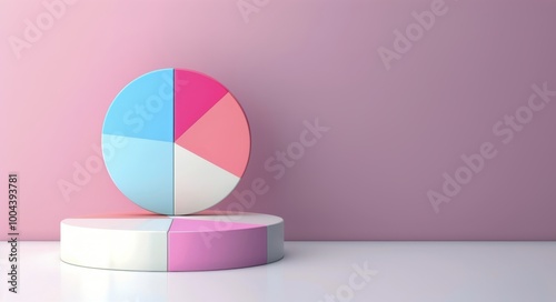 3D Pink Pie Chart on a Round Platform in a Minimalist Pink Setting