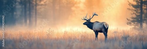Elk standing in a golden meadow with trees in the background during autumn