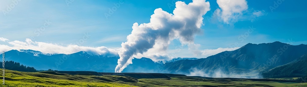 Geothermal steam rising from scenic landscape Geothermal steam rising from scenic landscape