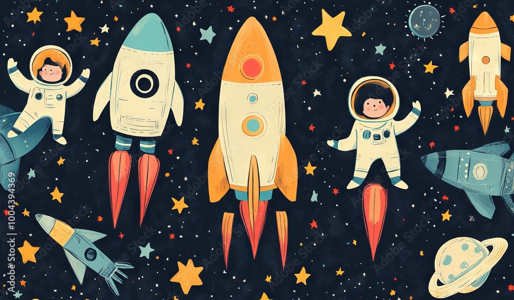 Space Adventure With Rocket Ships and Astronauts in Cartoon Style Space Adventure With Rocket Ships and Astronauts in Cartoon Style